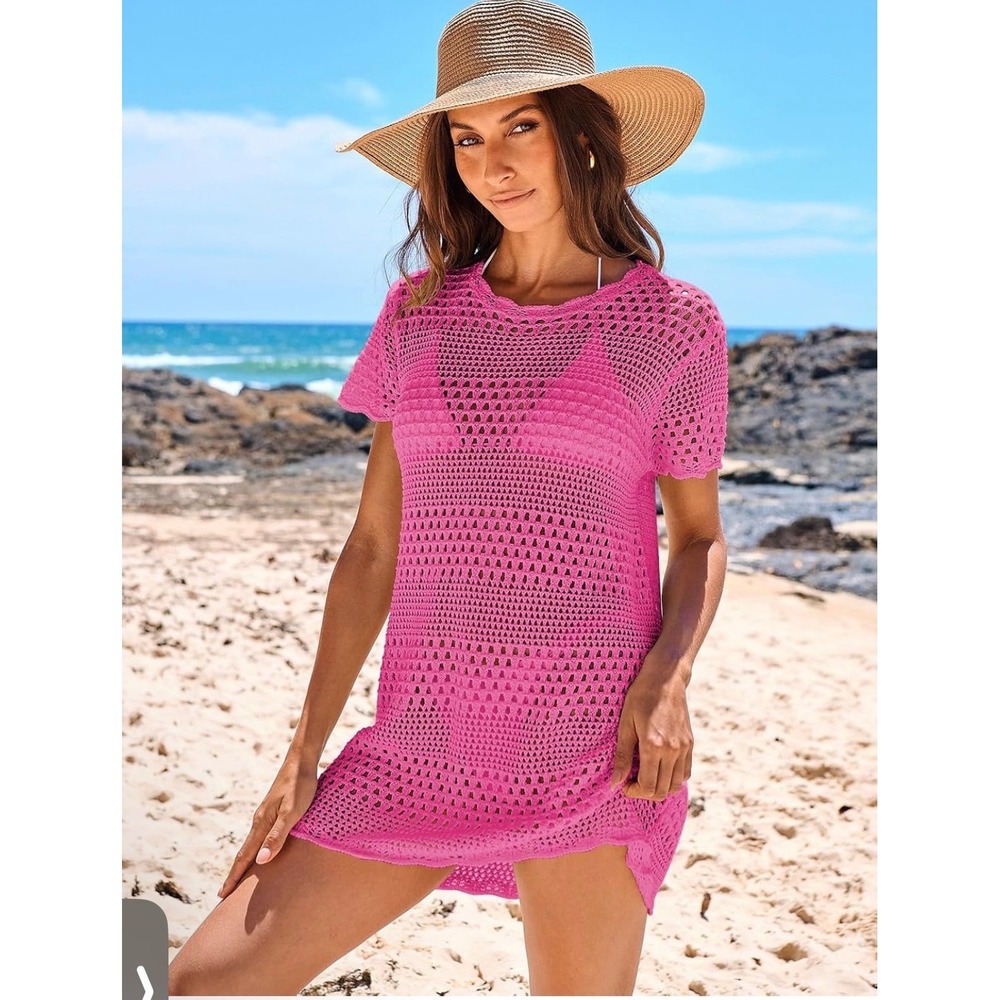 Pink Crochet Knit Beach Cover Up Dress Short Sleeve Mini Crew Neck Womens Small